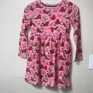 🍄Mini Boden Long Sleeve Fun Jersey Dress Formica Pink Festive Robins 9-10